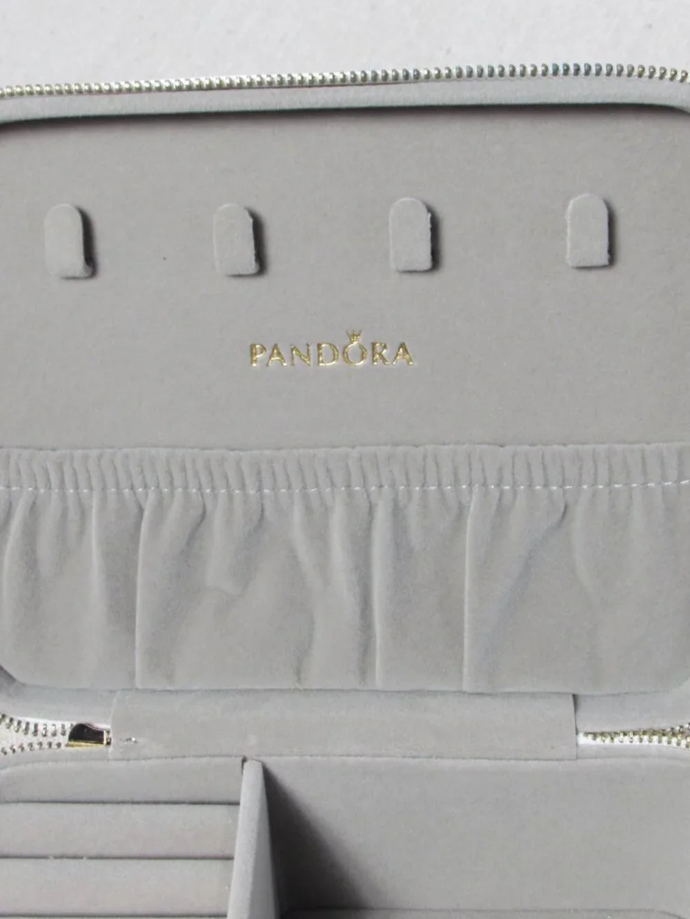 Pandora White Travel Jewelry Box Embossed Floral Gold Zipper Gray Velvet Lining